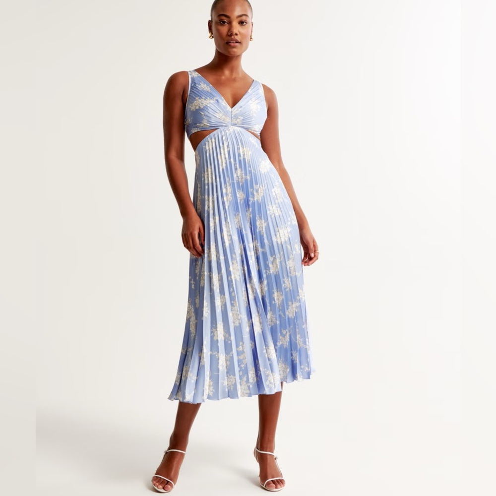 Abercrombie & Fitch Gizelle Pleated Cutout Maxi Dress Sz Large Tall Floral Blue